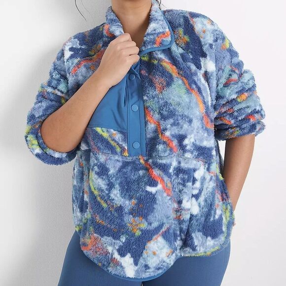 NWT LIVI Womens Crop Snap-Up Sherpa Plush Pullover in Marbled Mosaic Size 18/20 - Picture 1 of 11